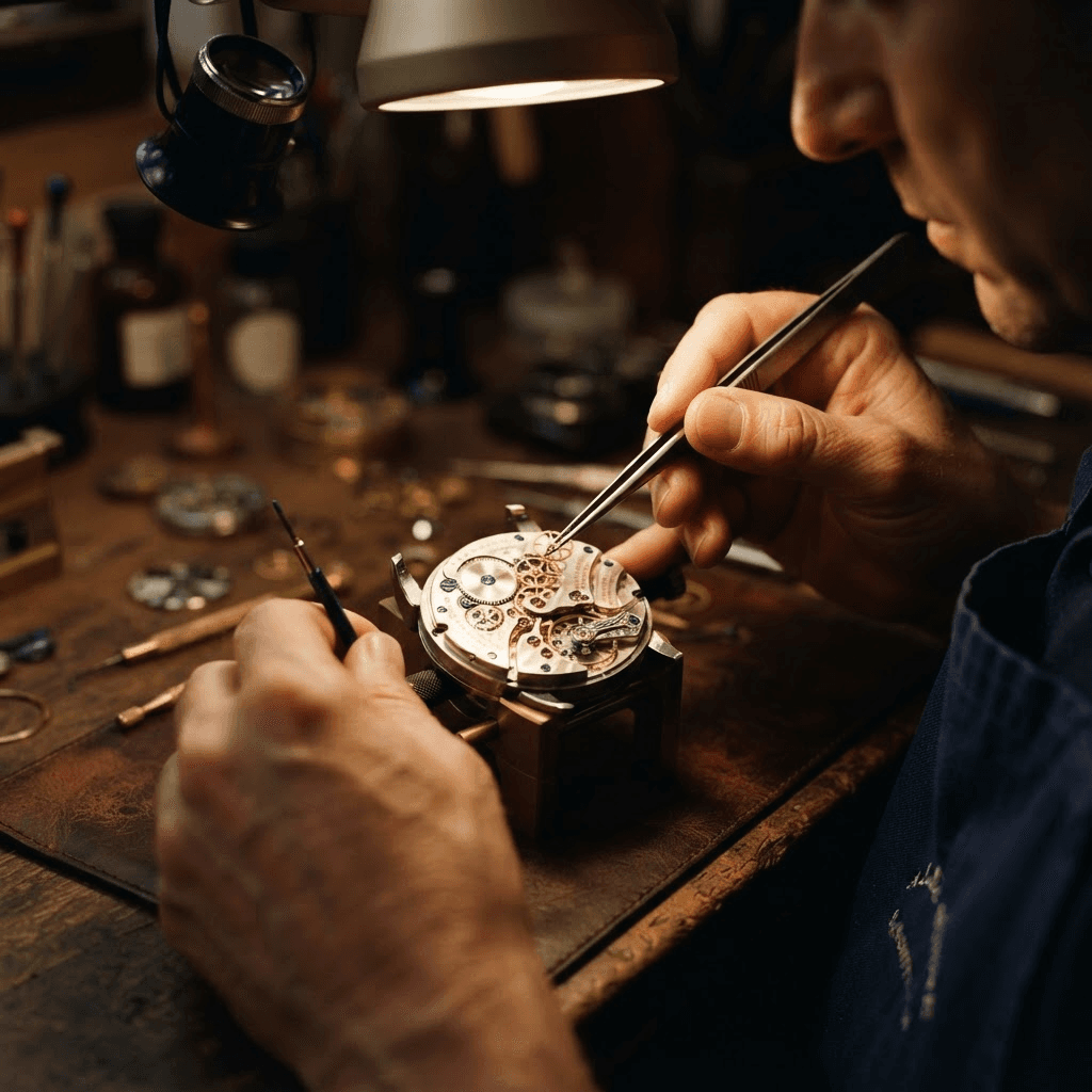 A watchmaker assembling a mechanical movement by hand